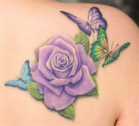Purple Rose Tattoo With Butterflies For My Daughter Her Birth Flower