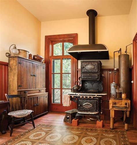 An Old Fashioned Stove Is In The Middle Of A Room