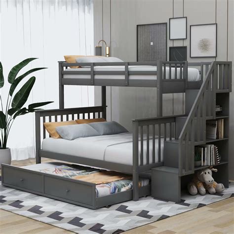 Twin Over Full Size Bunk Beds With Trundle Solid Wood Bunk Bed Frame With Stairs And 4 Storage