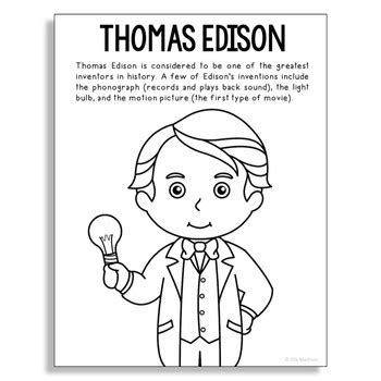 THOMAS EDISON Inventor Coloring Page Craft Or Poster STEM Technology
