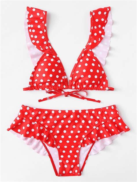 Polka Dot Ruffle Trim Bikini Set Sheinsheinside Bikinis Cute Swimsuits Bikini Set