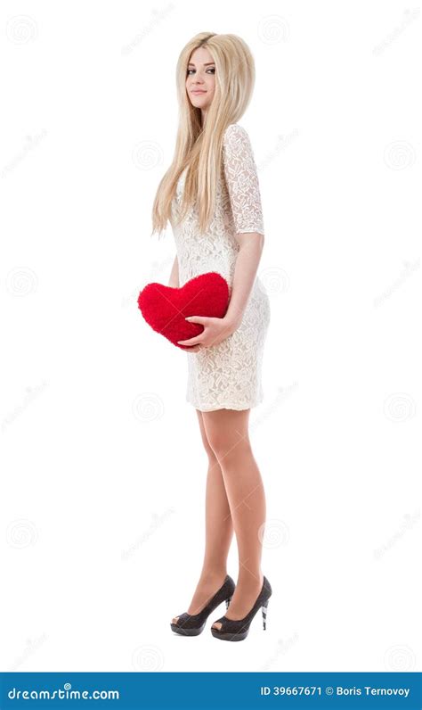 Beautiful Smiling Blonde Woman Holding Red Heart Stock Image Image Of Elegance Lace 39667671