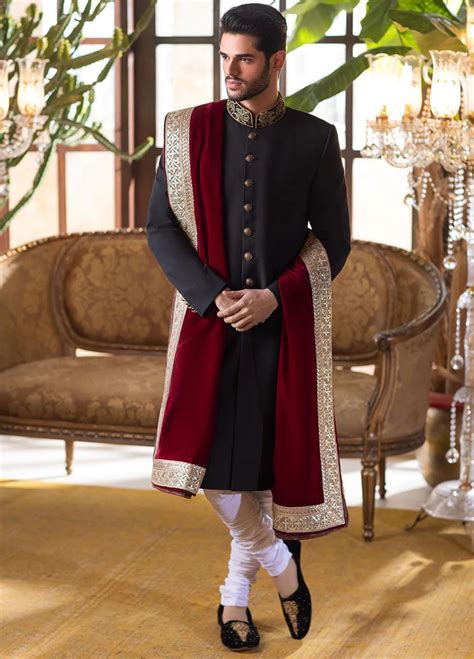 Pakistani Men Skin Sherwani With Shawl In Red Color For Barat Nameera