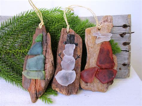Sea Glass And Driftwood Christmas Ornamentspine Tree Snowman Etsy