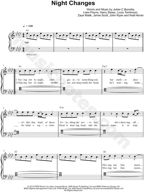 One Direction Night Changes Sheet Music Easy Piano In Ab Major