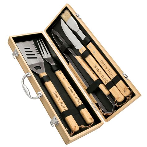 5 piece bbq grilling tools utensil set with premium metal handle bamboo carry case