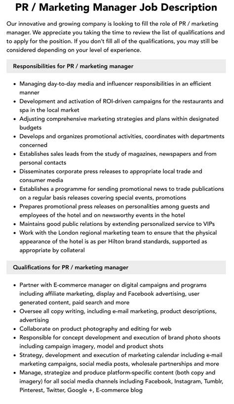 PR Marketing Manager Job Description Velvet Jobs
