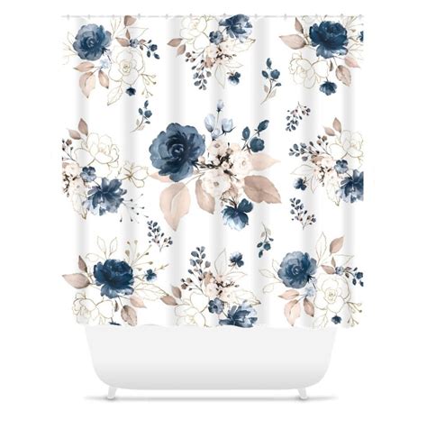 Navy Floral Shower Curtain Navy Blue Blush Gold Watercolor Flowers