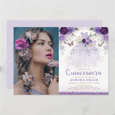 purple lilac quinceañera princess dress butterfly invitation zazzle