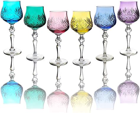 Neman Tm7841 Mc 8 Oz Handmade Crystal Cut Wine Glasses Multi Colored Stemmed Glassware Set Of