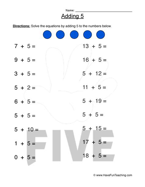 Adding Five Equations Worksheet Have Fun Teaching