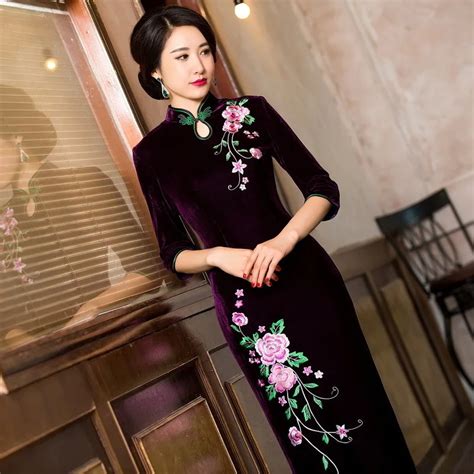 Autumn Velvet Embroidered Cheongsam Fashion Mom Qipao Dress Chinese