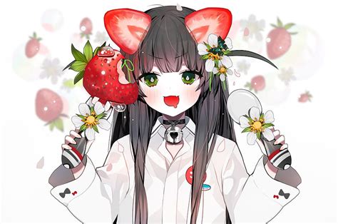 2560x1700 Cute Anime Girl Green Eyes Strawberries Shirt Fang Loli