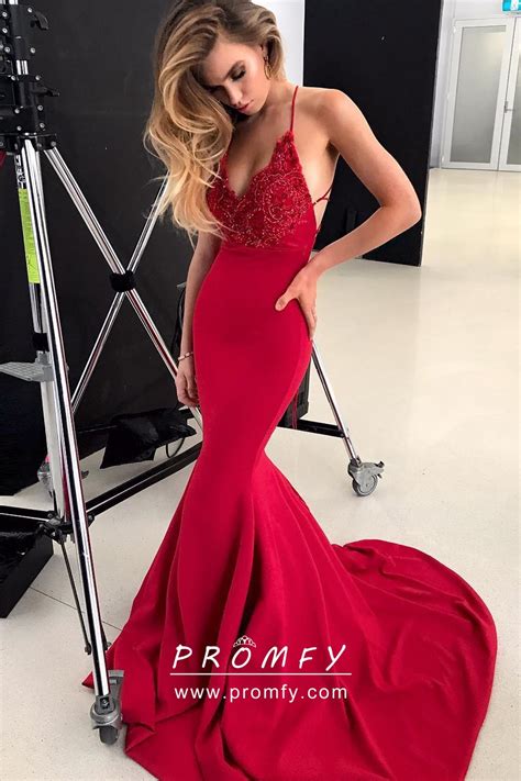 Red Beaded Spaghetti Straps Slim Mermaid Prom Dress Promfy