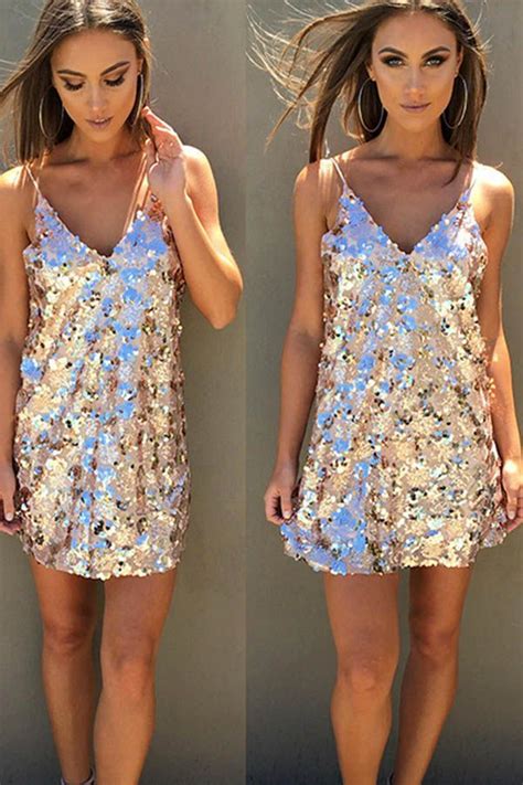 Gold V Neck Spaghetti Straps Sleeveless Sequins Slip Party Dress Party Dress Spaghetti Strap