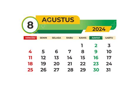 Kalender Bulan Agustus 2024 Template Transparan Vektor Kalender