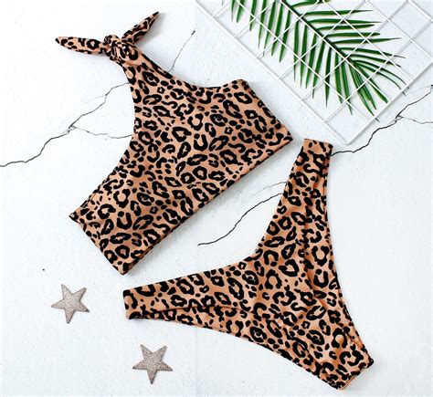 2020 Sexy Push Up Leopard Bikini Set One Shoulder Bowknot Biquini