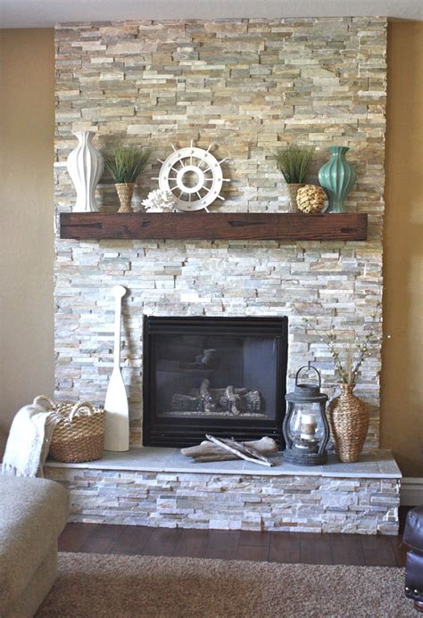 Stone Fireplace With Beautiful Mantel Decorating Ideas Stacked Stone