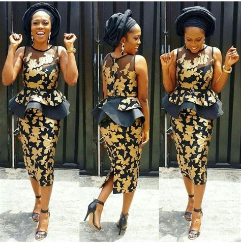 Black And Gold Lace Peplum Blouse And Pencil Skirt African Print Dresses African Fashion