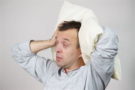 Man Sleepy Tired With Pillow On Grey Stock Image Image Of Wake Gray