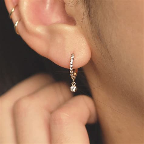Bezel Drop Diamond Dangle Diamond Huggie Earrings Diamond Hoop
