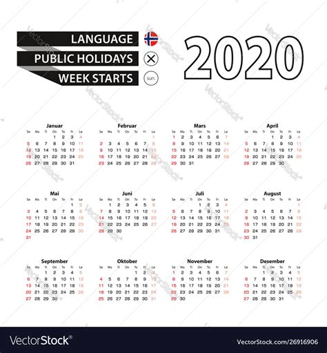 2020 Calendar In Norwegian Language Week Starts Vector Image