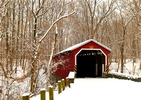 Beautiful Red Covered Bridge In Freshly Fallen Snow Covered Bridges