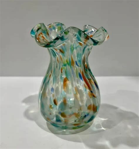 Vintage Murano Style Vase Confetti Art Hand Blown Glass Ruffled Rim 4 5”h 21 99 Picclick
