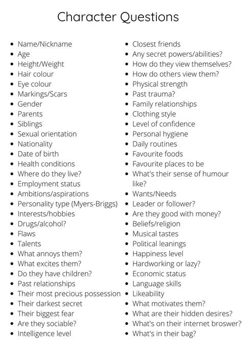 Character Building Checklist Creative Writing Resources Actual Ar