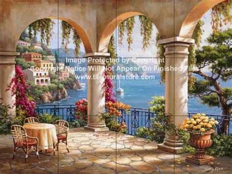 Check out our accent and listello tile collection as well as our wide selection of murals in themes ranging from landscapes to wine. Decorative tile with waterviews-Terrace Arch II-Tile Mural