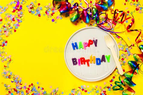 Birthday Party Background On Yellow Stock Photo Image Of Overhead