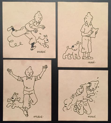 Tintin Set Of 4 Ink Drawings With Signature Hergue