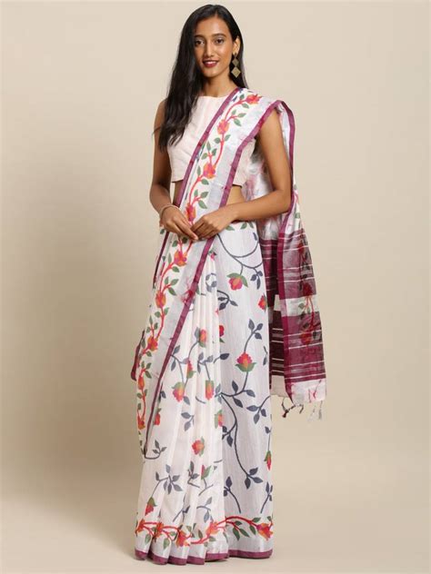 Kerala sarees, onam sarees, kasuvu saree blouse designs labelm's onam saree blouses have beautiful vibrant floral embroidery. Wine Flower Valley Pure Linen Onam Spc Kerala Saree ...