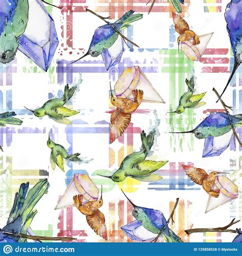Sky Bird Colorful Colibri In A Wildlife By Watercolor Style Seamless