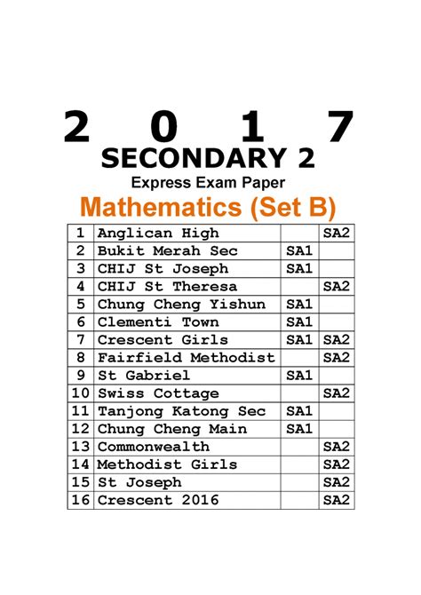 2017 Secondary 2 Express Maths Past Year Exam Papers Set B Soft Copy
