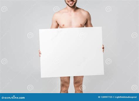 Partial View Of Smiling Naked Man Holding Blank Banner Stock Image
