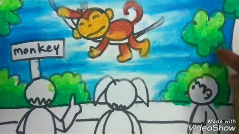 Cara Menggambar Monyet Di Kebun Binatang Crayon Gradasi Untuk Anak Tk