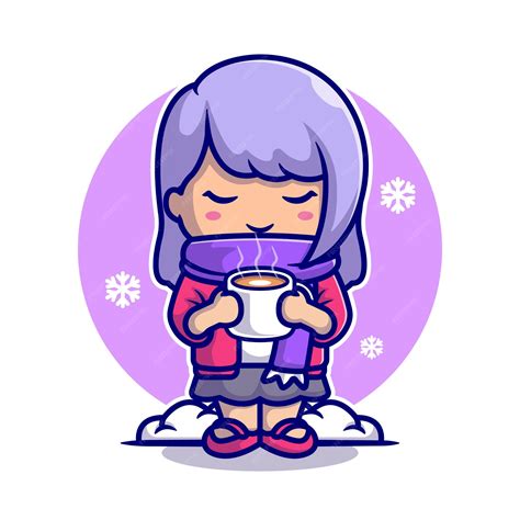 Free Vector Cute Girl Drink Hot Coffee In Snow Cartoon Icon Illustration