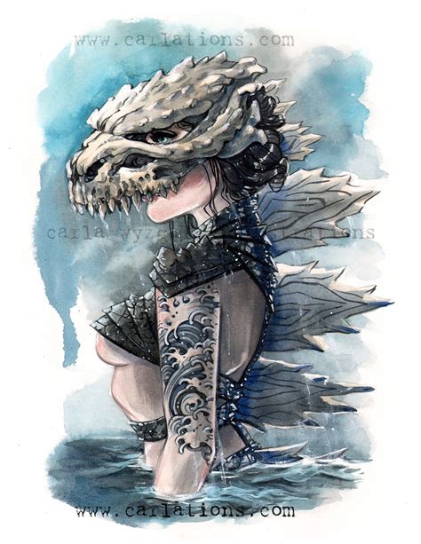 Draw a curved line from the side of the upper jaw to the front of. Godzilla Skull Mask Japanese wave tattoo Monster Watercolor Giclee Art Print Carla Wyzgala ...