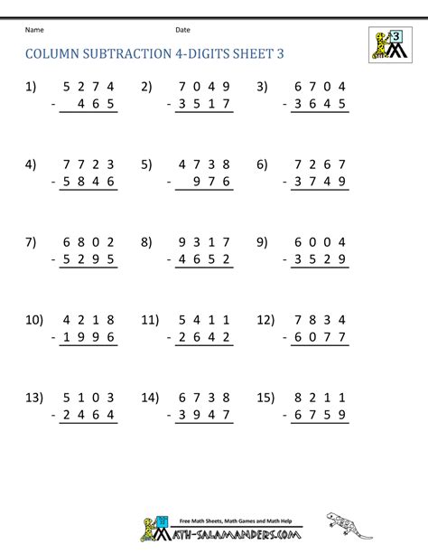 Subtracting 3 And 4 Digit Numbers Worksheets