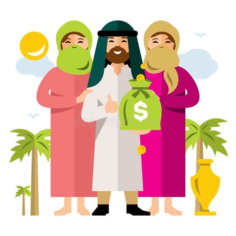 Polygamie De Vecteur Homme Saoudien Et Son Harem Illustration Colorée De Bande Dessinée De Style