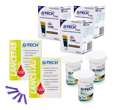 150 Fitas Glicose Tiras Glicemia Gtech Free 200 Lancetas