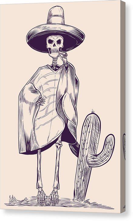 Mexican Skeleton In Desert With Sarape Sombrero And Cigar Canvas P