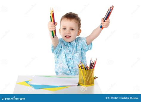 Little Boy Holding A Lot Of Colored Pencils Stock Image Image Of