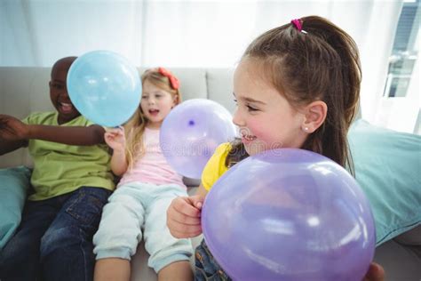 Smiling Kids Playing With Balloons Stock Image Image Of Happy