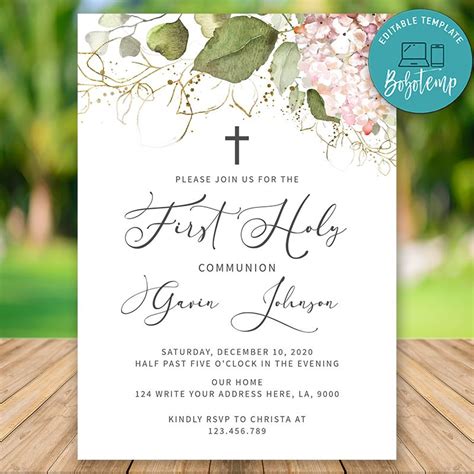 Editable Blush Floral First Holy Communion Invitation Template Sunmily