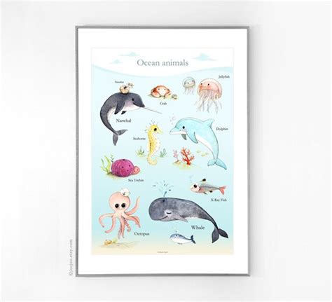 Ocean Animals Poster Ocean Themed Nurseryocean Nursery By Joojoo