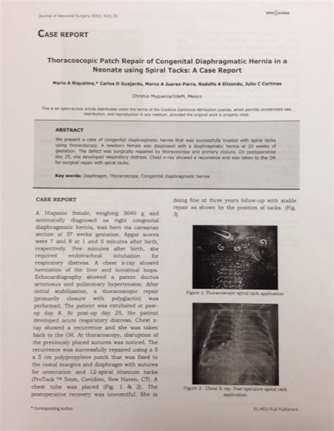 Pdf Thoracoscopic Patch Repair Of Congenital Diaphragmatic Hernia In