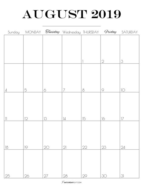 Pretty Printable August 2019 Calendar Vertical Sunday Start Dated Free
