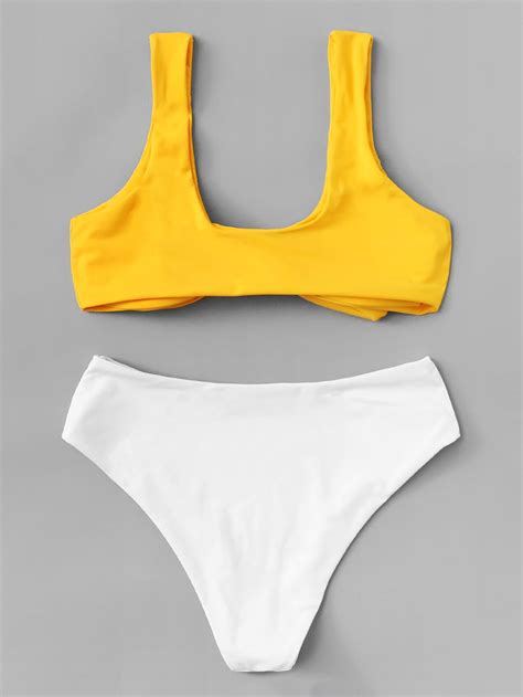 knot front two tone bikini set shein sheinside bikinis bikini set two tone